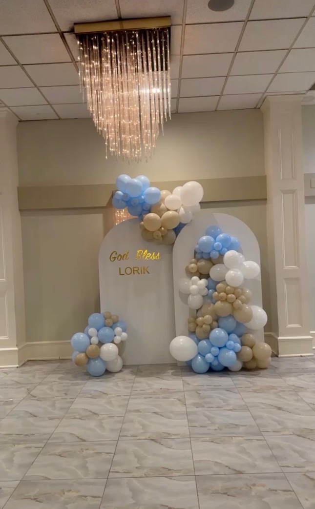Baptism Backdrop with Blue and Gold Balloons