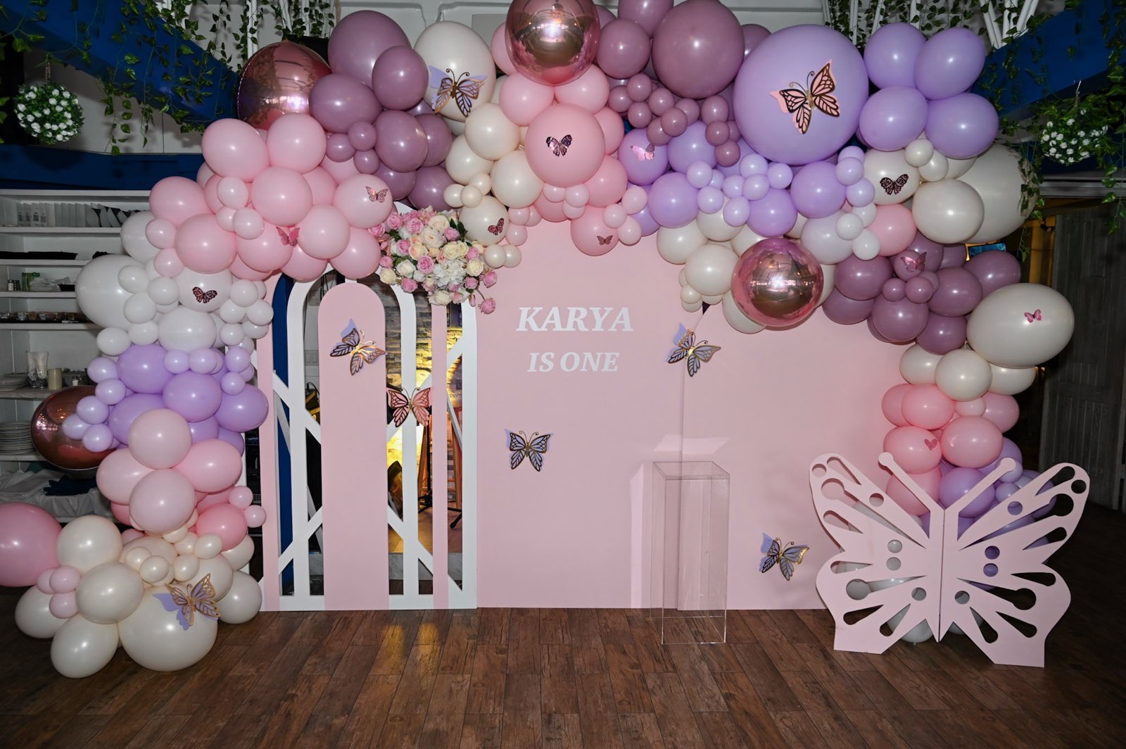 First birthday butterfly theme decoration with balloons