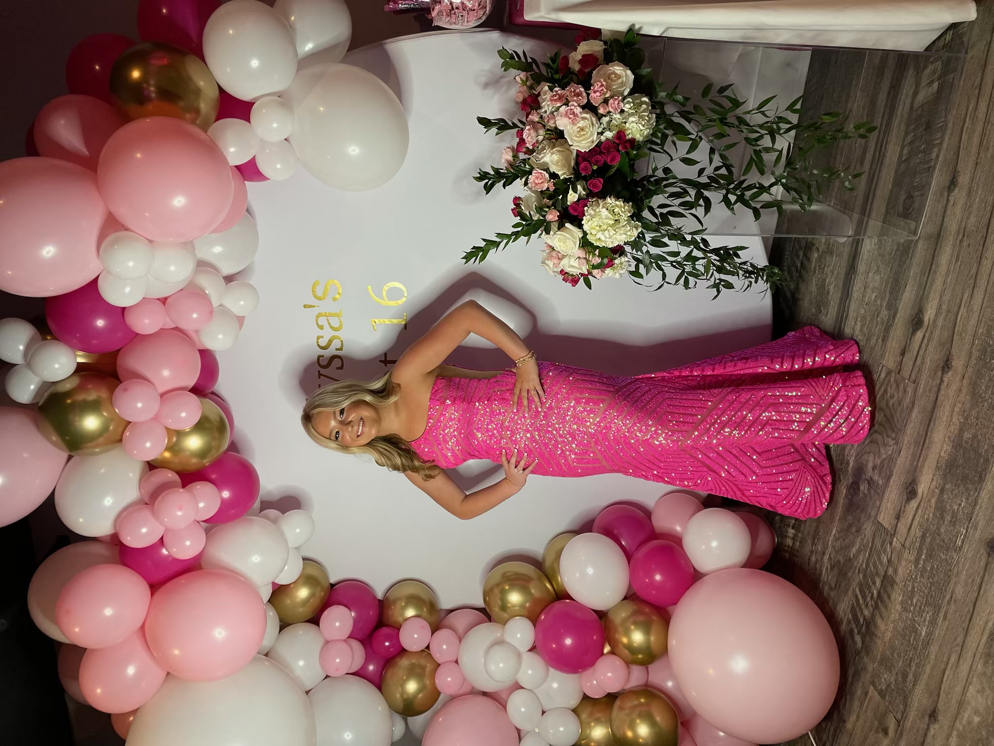 Sweet 16 pink and gold balloon celebration decoration